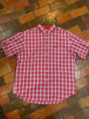 Men’s XL shirt button up CHAPS Ralph Lauren red plaid short sleeve 3042